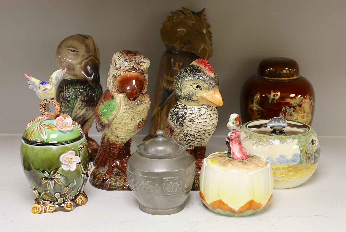 Four various ‘Wally bird’ jars and covers, another bird mounted box and cover, two others and a Carlton ware lustre jar and cover.